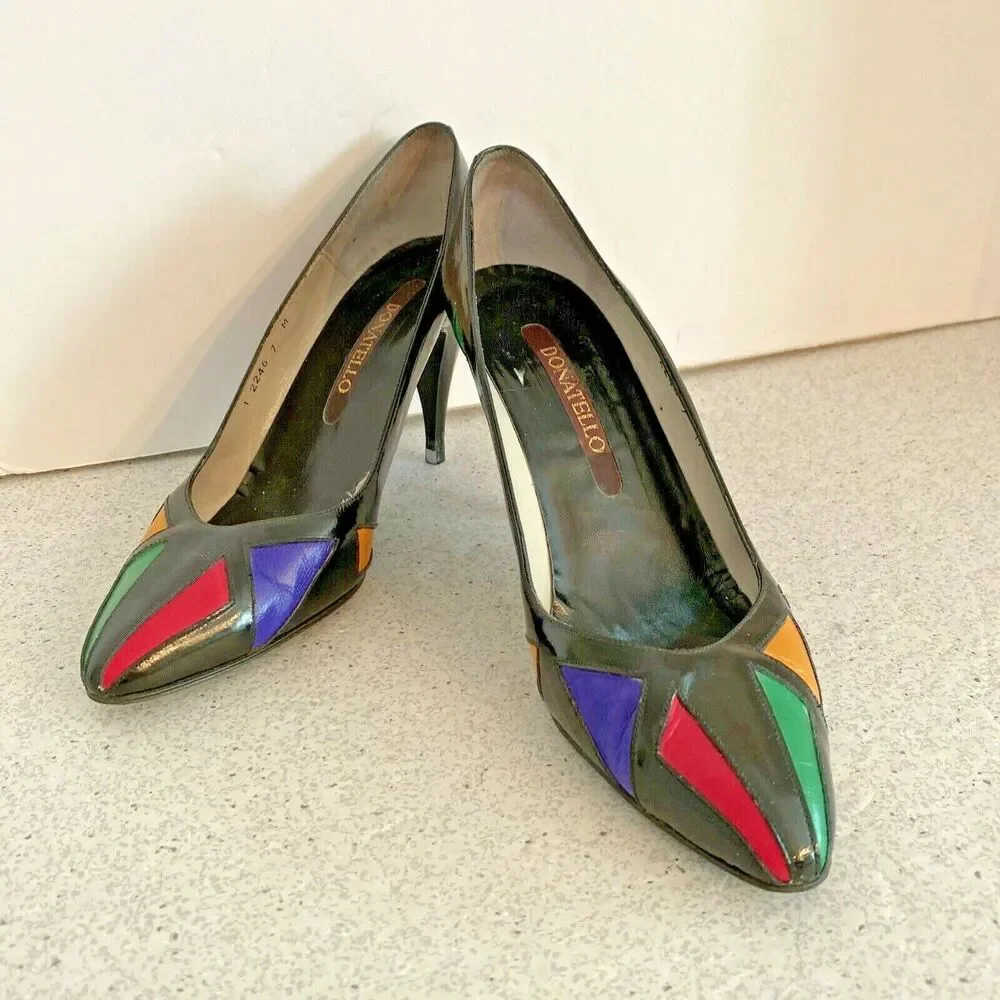 Vintage Donatello 1980's black & gem tones leather high heels pumps shoes US 7M
